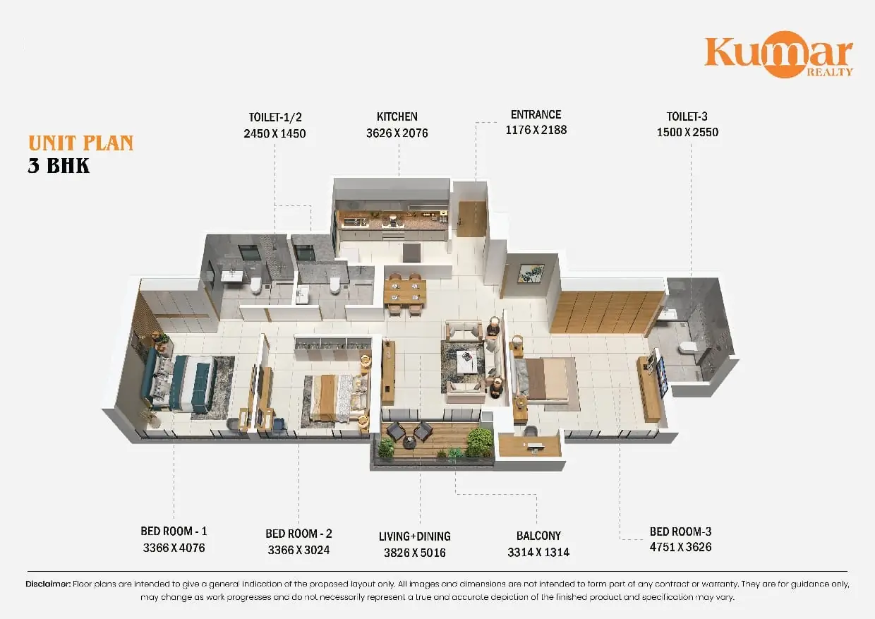 Kumar Magnacity 3 BHK floor plan — 1053 sq.ft. carpet area